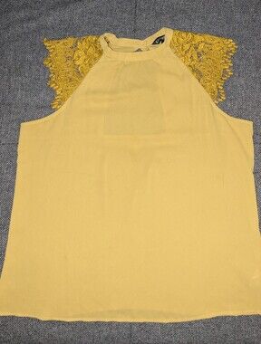 Express Mustard Yellow Sleeveless Blouse with Lace Shoulders Large